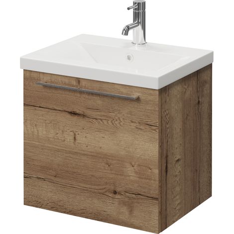 Napoli 390 Tobacco Oak 500mm Wall Mounted Single Drawer Vanity Unit with Glide Basin - 500mm - Chrome 320mm Handle