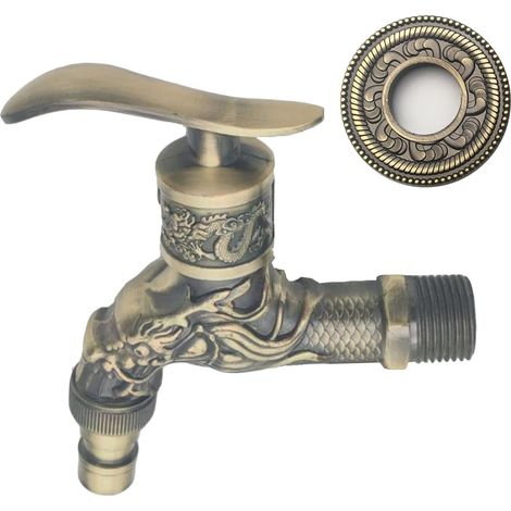 Rubinetto vintage, rubinetto in ottone anticato, rubinetto da giardino in stile antico, rubinetto antico con drago intagliato per casa, cucina, bagno, giardino, esterno (1/5)