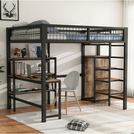 Cama alta de metal y MDF negro y marrón 140x200 cm con escritorio, estanterías, armario y somier incluido (1/5)