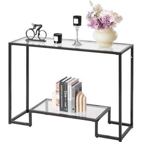VEVOR Tavolo Consolle in Vetro a 2 Livelli 107 x 35,4 x 75,5 cm Moderno Tavolino Rettangolare con Piano in Vetro Temperato e Gambe in Ferro, Dispositivo Antiribaltamento per Soggiorno, Ingresso, Nero (1/5)