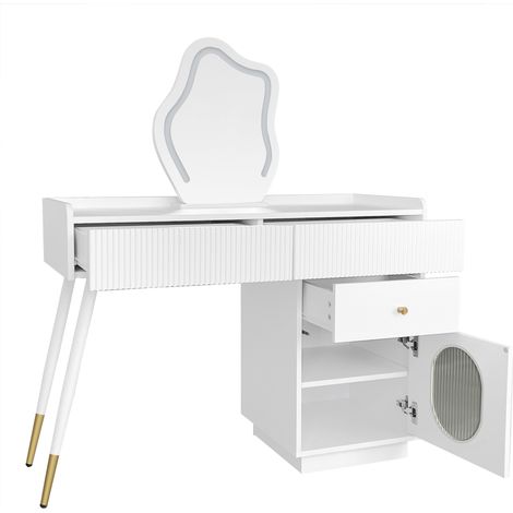 Coiffeuse avec miroir LED et éclairage - ensemble de coiffeuse blanc pour chambre avec trois tiroirs spacieux et une porte - dimensions: L100/H75/P40 cm (sans tabouret) (old sku RN3190801AAW) (1/5)