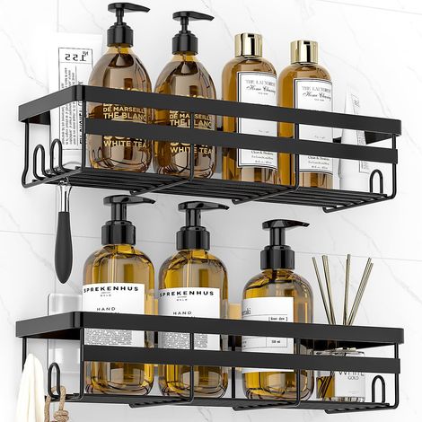 Support de salle de bain, 2 pièces, support de douche, meuble de rangement de douche avec crochets (noir) (1/5)