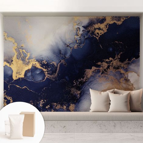 Papier peint intissé décoratif avec motifs pour salon et chambre a motif - Colle incluse gratuite Vagues bleu marine 208x146 cm (1/5)