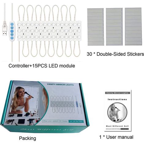 Dimmbare LED-Spiegelleuchte, 45 LEDs, DIY-Schminkbeleuchtung für den Schminktisch, USB (1/5)