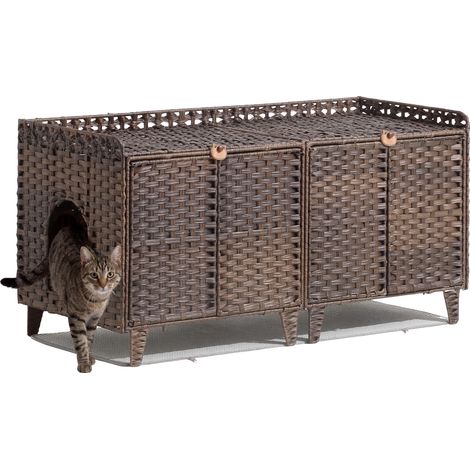 Meuble cache-litière double en rotin tressé pour 2 chats – Grand espace avec portes, tapis lavable et crochets S – Armoire discrète pour bac à litière, nettoyage aisé – Parfait salon – Marron (1/5)