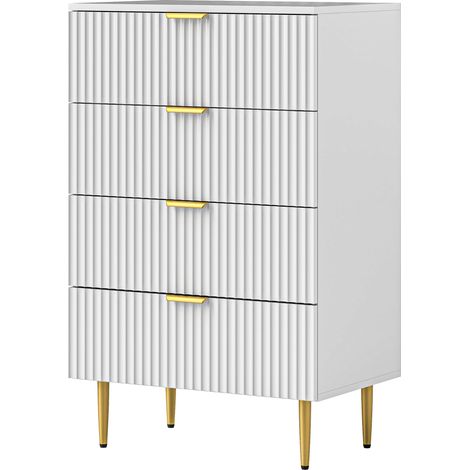 Commode 4 tiroirs blanche avec poignées et pieds dorés, meuble de rangement moderne chambre, 60 x 40 x 96 cm (1/5)