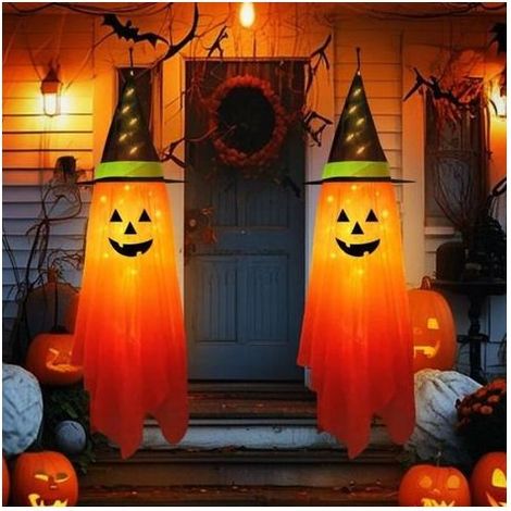 Suspendu Fantôme Décoration Halloween 2 Pièces 1M Citrouille Lumière LED Extérieur Orange - (1/5)