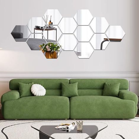 Set di 12 specchi da parete esagonali autoadesivi in acrilico, in plastica, per la decorazione di interni, ideali per soggiorno, camera da letto, sopra il divano o la televisione. Argento. (1/4)