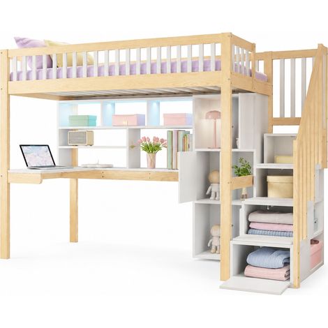 Letto a soppalco 90x200 cm con LED, scala contenitore, ripiani, vani portaoggetti e scrivania integrata, in pino e MDF, bianco e legno chiaro CHICFURN (1/5)