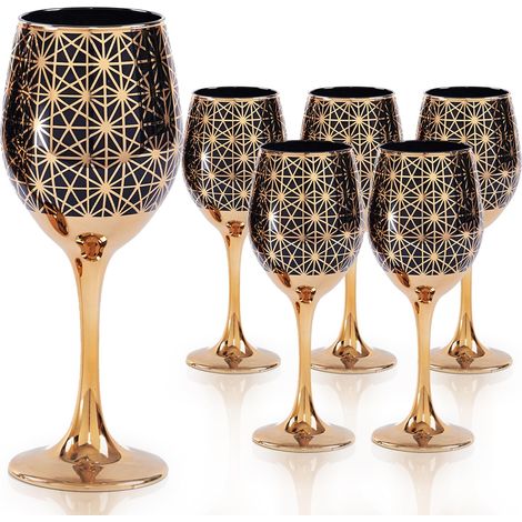 Lot de 6 verres à vin décoratifs colorés à pied et à bord - Pour cadeaux, mariage, Thanksgiving, anniversaire, Noël, 355 ml - Noir (1/5)