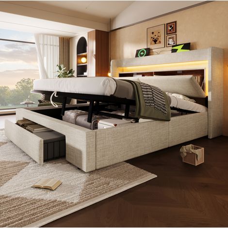 Cama con espacio de almacenamiento tapizada en lino beige 140x200 cm, con LED, USB/USB-C y somier de láminas (1/5)