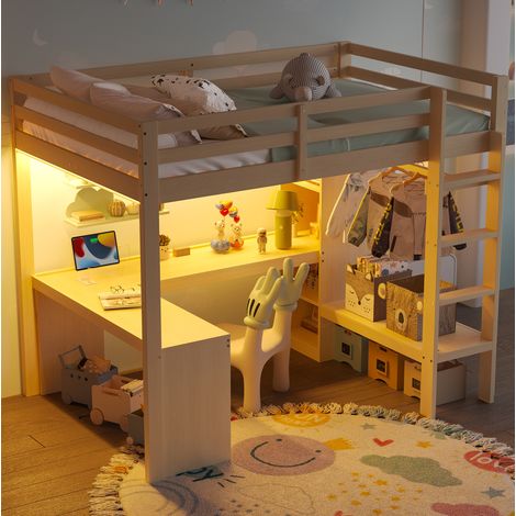 letto matrimoniale 140x200 scrivania LED USB naturale HAVRYA (1/5)
