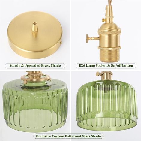 Lampada a sospensione vintage, vetro a righe verdi, ottone, regolabile, prodotto Belle's (1/5)