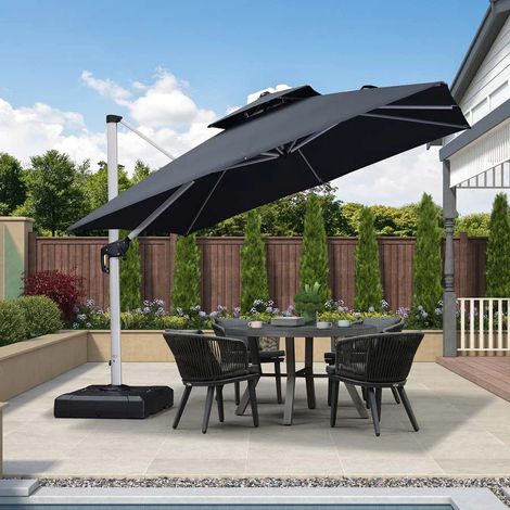 PURPLE LEAF parasol déporté carré 3 × 3 m, rotation 360°, double toit ventilé, poignée en aluminium moulé, pour jardin, cour et piscine, Gris