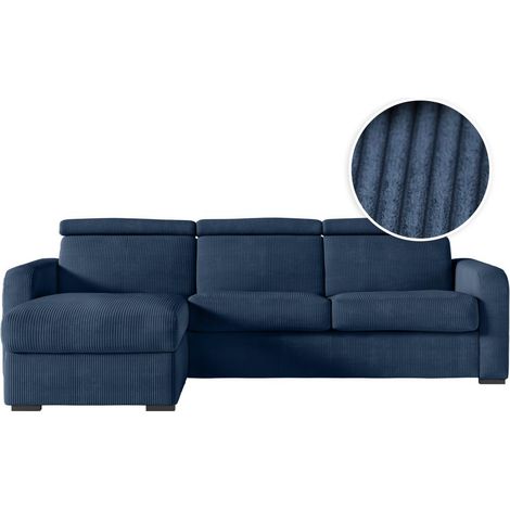Canapé CAROLE d'angle convertible 4 places couchage quotidien 140x190cm en velours côtelé - Bleu