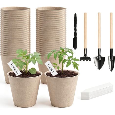 Lot de 50 pots de fleurs biodégradables et compostables avec 50 étiquettes pour plantes et élargisseur de transplantation, pots de semis pour jeunes arbres de fleurs, jeunes arbres de légumes (1/5)
