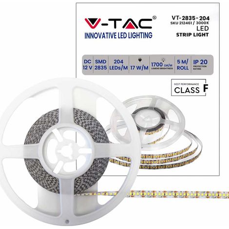 V-TAC VT- 2835 LED strip 204 LEDs/m SMD2835 led strip 5M 17W/mt warm white light 3000k IP20 sku 212461 (1/5)