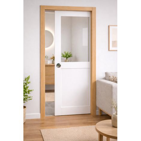 Porte Coulissante Atelier Blanc H204 X L93 Cm Sans Meneau, Galandage, Kit Finition (coquille Et Tire Doigt) Gd Menuiseries