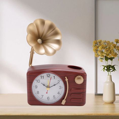 Vintage-Grammophon-Wecker, klassisches Modell, dekorativer Tischwecker, Kunststoffimitat, batteriebetrieben, Vintage-Stil, Holzmaserung, Maße: 170 x 118 x 78 mm