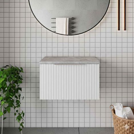 Hudson Reed Fluted Wall Hung 1-Drawer Vanity Unit with Bellato Grey Worktop 600mm Wide - Satin White (1/5)