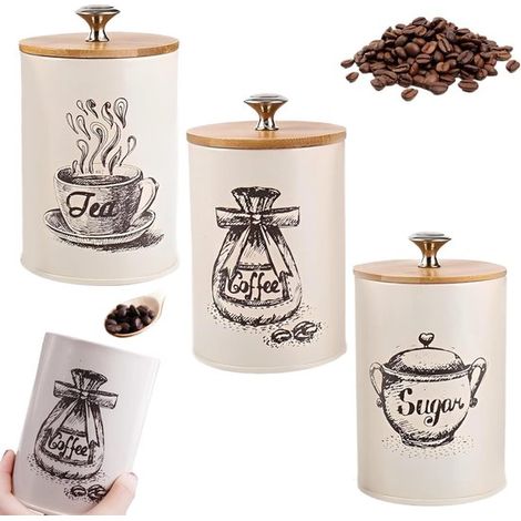 Tres pequeños tarros de almacenamiento para encimera, con capacidad para 740 ml (25 oz), de metal vintage con tapas de bambú - Beige (1/5)