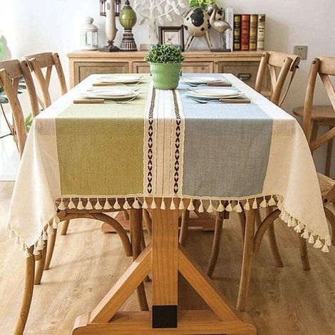 Nappe de Table Lavable en Coton et Lin Pampilles Nappe de Anti-Poussière Rectangulaire pour Décoration de la Cuisine(Rayures Bleu-Vert,140x180cm) (1/4)