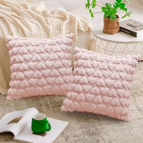 Set mit 2 Kissenbezügen 45 x 45 cm, weiche und flauschige Kissenbezüge mit 3D-Herzmuster für Sofa, Bett, Innen- und Außendekoration (rosa) (1/5)