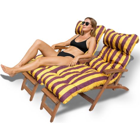 Coussin bain de soleil extérieur 200x60cm – Motif lignes jaunes et bordeaux – Remplissage mousse haute densité – Séchage rapide