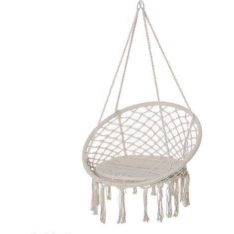 Runder Hängesessel, Ø 60 cm, mit Kissen und Baumwollseil, für drinnen und draußen, 80 x 80 x 42 cm, Beige