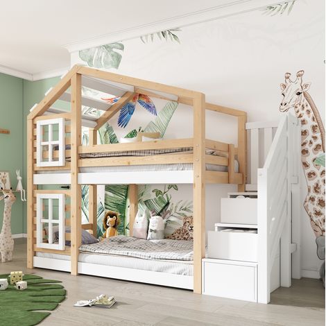 Etagenbett 90x200 cm Mit Gestell Mit Stauraum Natur Und Weiß (1/5)