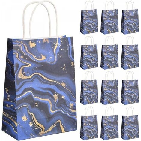 12PCS Pochettes Cadeau Papier, Sacs Cadeaux avec Poignées, Sac de Fête en Papier, Sacs de Bonbons, Pochettes Cadeaux Marbrure pour Anniversaire Mariage Fête Cadeau Emballage (Bleu) (1/4)