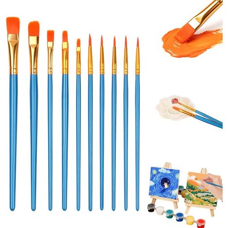 10 pièces - Pinceaux pour enfants - Coffret de pinceaux - Pinceaux en nylon de 4 formes différentes - pour aquarelle, acrylique et loisirs créatifs - bleu (1/5)