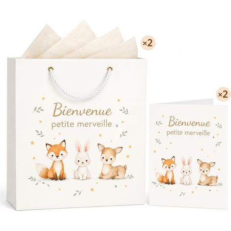Sac Cadeau Naissance Bébé – 2 Sacs avec 2 Papiers de Soie Crème et 2 Cartes, Motif Animaux de la Forêt, Cadeau Fille et Garçon, Idéal Baby Shower et Baptême – 26x22x10cm (1/5)