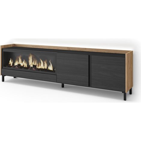 Skraut Home - Mueble TV, Televisión, Muebles de salón, almacenaje, 212x35x61cm, Para TV hasta 80", Chimenea eléctrica XXL, Diseño industrial, LED, Estilo Moderno, Negro y roble (1/5)