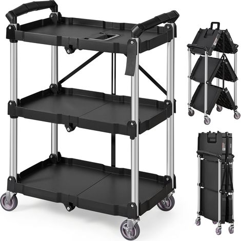 VEVOR Carrello di Servizio 65x39x83cm Carrello a Mano Multiuso 3 Ripiani Capacita Totale 74,8kg, Carrello a Portata con Ruote Girevoli 360° 2 Ruote con Freni, Carrello Portaoggetti da Garage Giardino