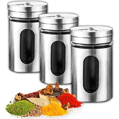 Pots à épices - Inox - Lot de 3 - Design moderne - Système de dosage réglable - Résistants à la rouille (1/4)
