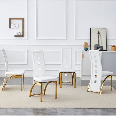 Lot de 4 chaises de salle à manger à dossier ajouré, 43 x 49 x 102,5 cm, PU blanc et métal doré (1/5)
