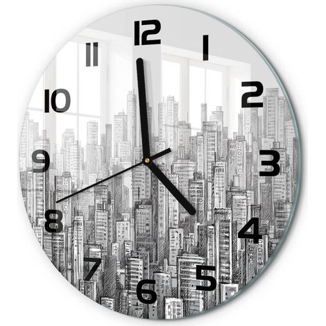 Horloge Murale Ronde Décoration Maison Verre Trempé Style Contemporain Gratte-ciel fi 30 cm (1/5)