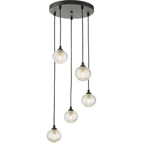 Federico Suspension de plafond à 5 ampoules, verre nervuré transparent noir (1/4)