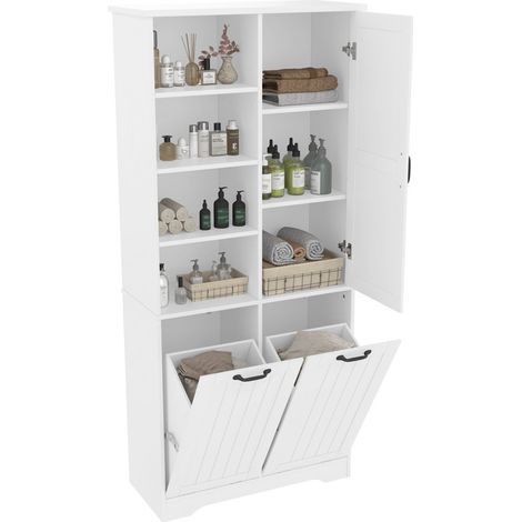 Meuble de salle de bain 78 x 35 x 172 cm - double panier à linge - 4 compartiments ouverts - 1 porte - blanc (1/5)