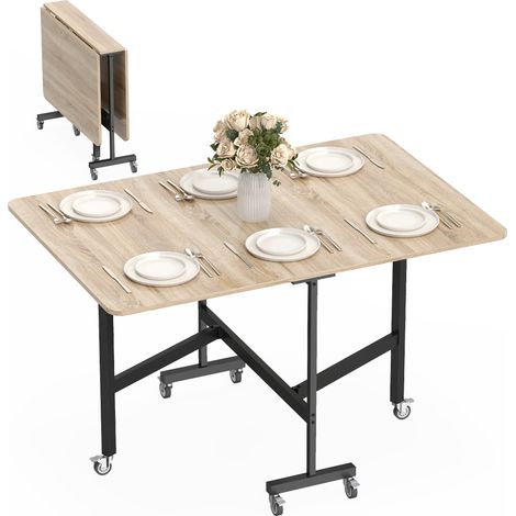 Tavolo Pieghevole per 4-6 Persone con 2 Ribalte e Ruote con Freno, 120x80x73 cm, Rovere