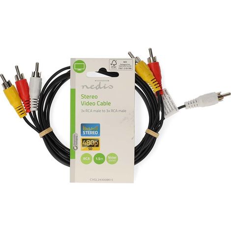 Nedis Composite-Videokabel / 3x Cinch-Stecker / 3x Cinch-Stecker / Vernickelt / 480p / 1.50 m / Rund / PVC / Schwarz / Label