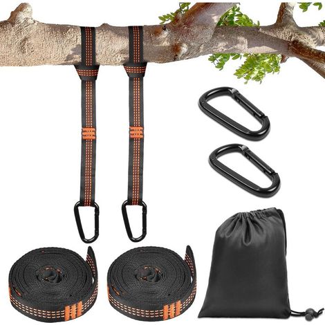 Set mit 2 verstellbaren orangefarbenen Polyester-Hängemattengurten, 10+1 schwarzen Ringen/Armbändern, max. Belastung 453,6 kg für Camping-Baumschaukeln (1/5)