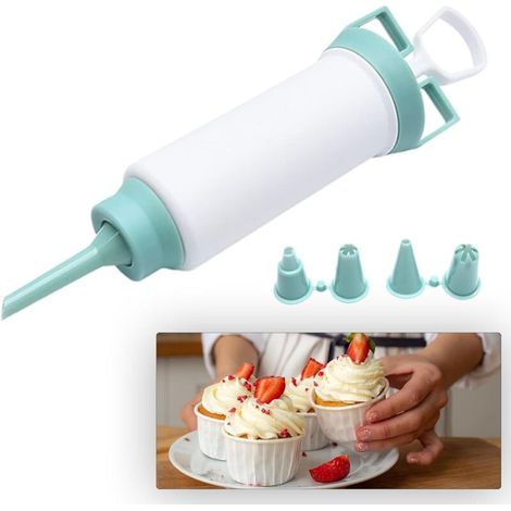 Lntyq Seringue à glaçage pour la cuisson - Seringue à beignets - Set de seringues à crème - Seringue à garnir - Décoration de dessert - Avec 5 douilles pour cupcakes, donuts, biscuits, pâtisseries (1/5)