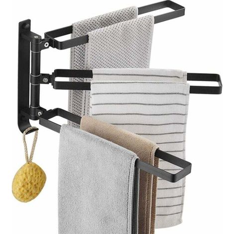 Three-arm wall-mounted swivel towel rack for bathrooms, made of aircraft-grade aluminum, with black swivel arm (1/5)