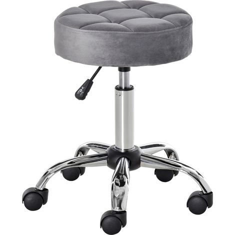 Tabouret de salon gris avec roulettes, hauteur réglable 49-61 cm, finition velours et base chromée (1/5)