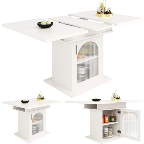 ELVMI Ausziehbarer Esstisch für 6 bis 8 Personen mit 3 verstellbaren Ablagen und Glastüren, aus MDF, Weiß, 110-140 x 80 x 76 cm (1/5)