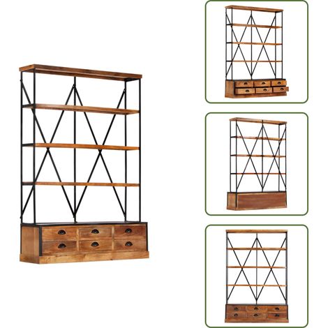 Bibliothèque à 4 étagères avec 6 tiroirs 122x36x181 cm Manguier - Bibliothèque Design - Bibliothèque Industrielle - Bibliothèque Rangement - Bibliothèque Vintage - Bibliothèque Bois (1/5)