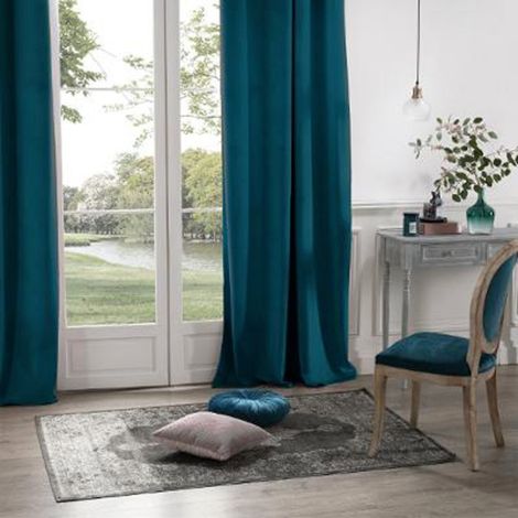Atmosphera – Rideau occultant velours 140x260cm bleu canard – 8 œillets – Polyester pour obscurité optimale – Élégance moderne (1/3)