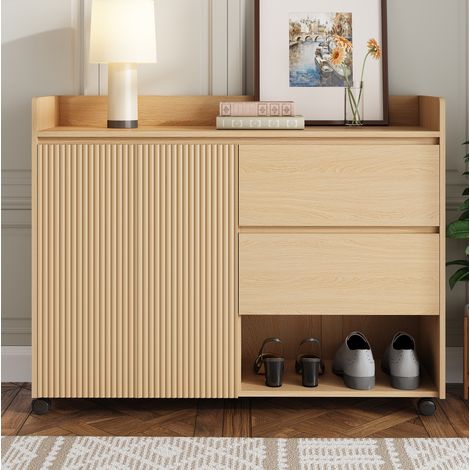 Schuhschrank 110x35x86 cm Natur MDF mit verstellbaren Trennwänden, offenen Fächern, Schubladen und Rollen (1/5)